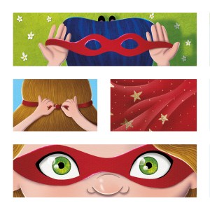 A young girl ties a superhero mask on her face, then has surprised eyes when she see someone she does not expect. 