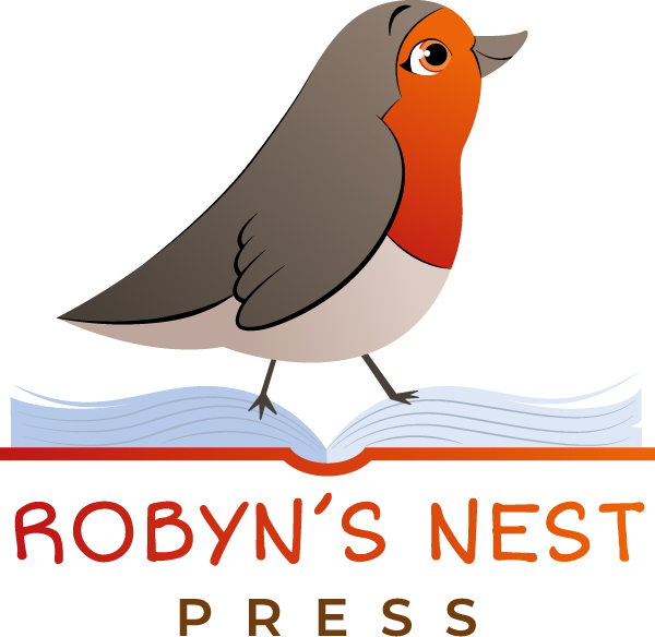 image of a robin bird standing on a book with the words Robyn's Nest Press below.
