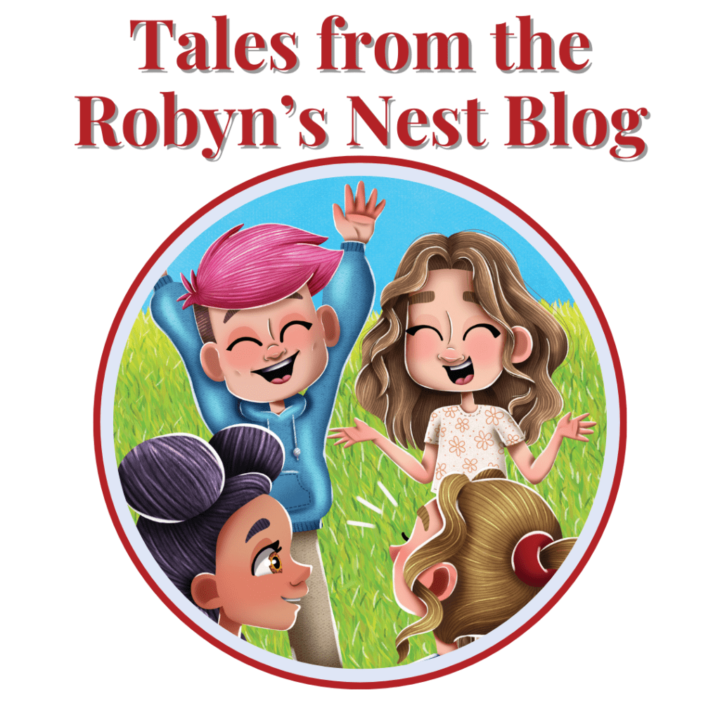 Image of four young kids. A Hispanic girl with black hair, a Hispanic boy with pink hair, a Caucasian girl with brown hair, and a Caucasian girl with blonde hair. The children are cheering. Text says, "Tales from the Robyn's Nest Blog"