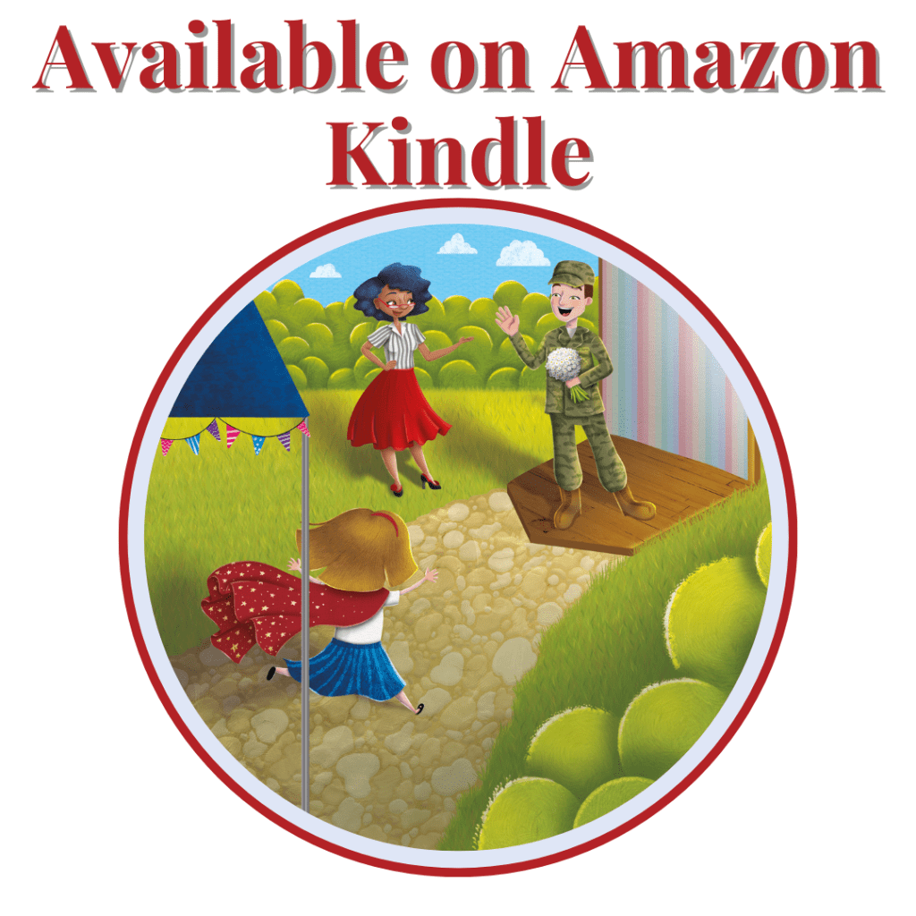 image of a young girl running to a soldier. Text says Available on Amazon