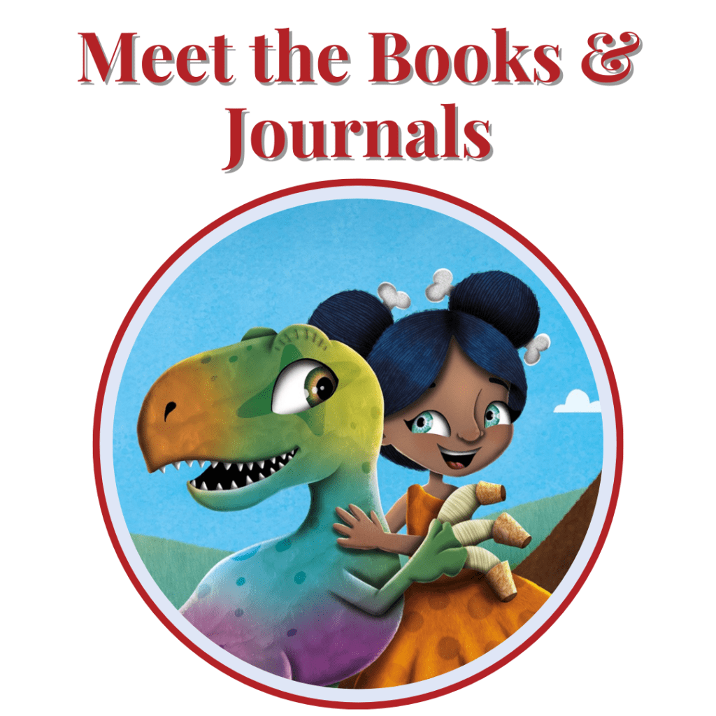 Image of a young prehistoric girl with brown skin and black hair hugging a young dinosaur. Text on the image says meet the books and journals