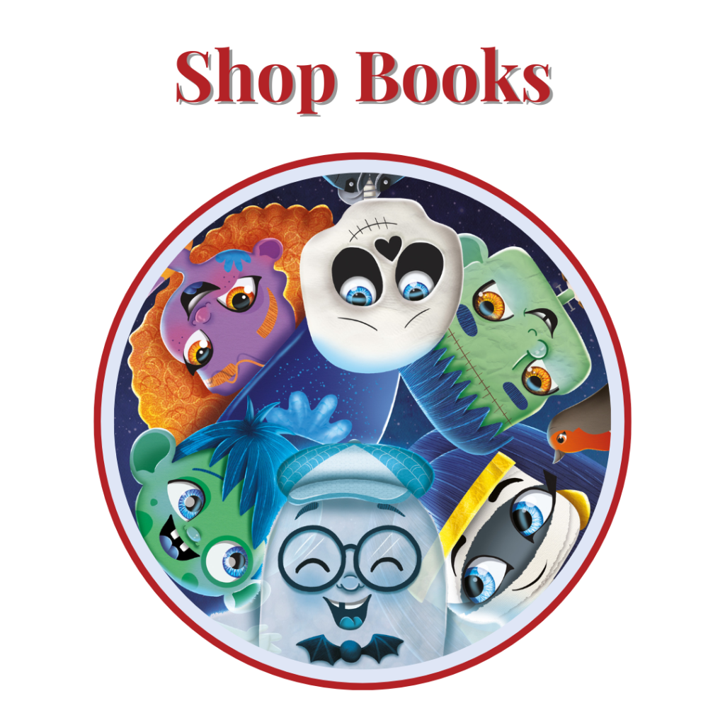 Image of a young ghost, witch, zombie, skeleton, Frankenstein, and zombie smiling and hugging each other. Text says "Shop books"