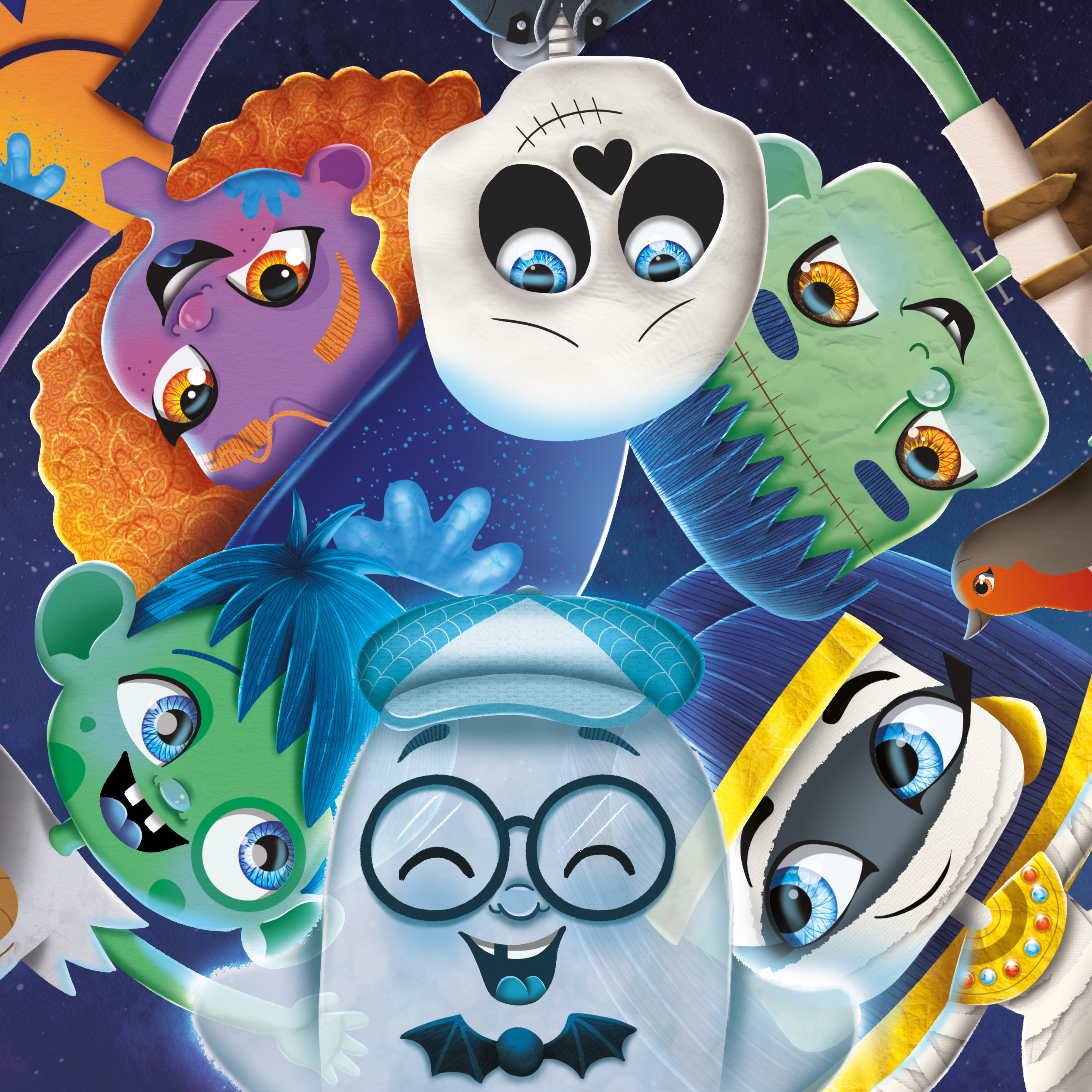 Page 22-RGB Image of a skeleton, Frankenstein, mummy, ghost, zombie, and witch hugging in a circle.