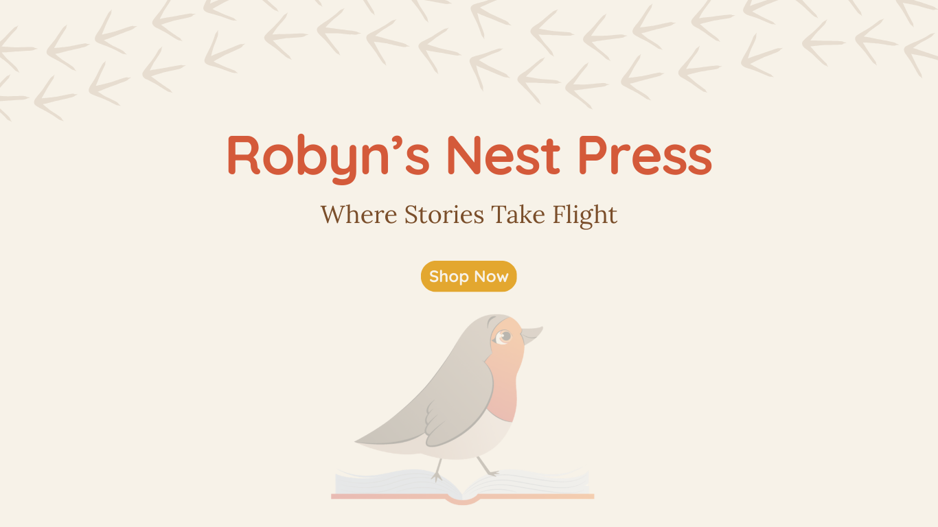 An image of a website titles, titled Robyn's Nest Press, along with a shop now button and image of a Robin bird standing on a book.
